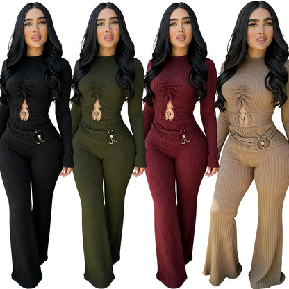Solid Women Jumpsuits For Spring Autumn Long Sleeve O-Neck Loose Fashion Streetwear Hollowed Out Overalls Pants Trousers 2026