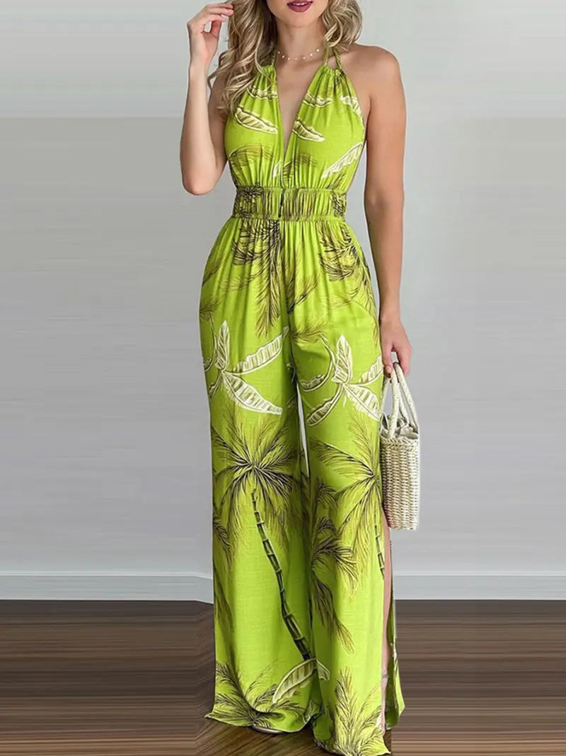 New Summer Sleeveless Halter Jumpsuits for Women Backless Print Lace-up Wide-leg Women Jumpsuit Rompers Womens Jumpsuit