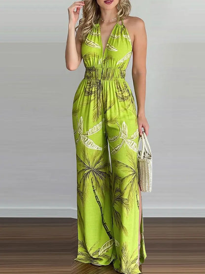 New Summer Sleeveless Halter Jumpsuits for Women Backless Print Lace-up Wide-leg Women Jumpsuit Rompers Womens Jumpsuit