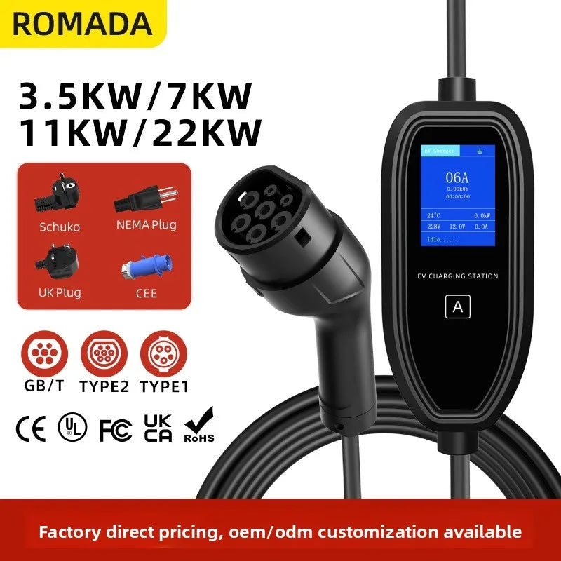 ROMADA K09 New Energy Electric Vehicle Charging Gun Portable In-Car Charger Home Use EU/US Standard Tesla EV Charging Station