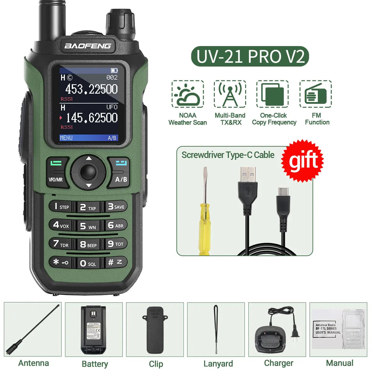 Baofeng UV-21 Pro Walkie Talkie V2 Multi-band Wireless Copy Frequency Waterproof Long Range Type-C Two Way Radio For Camping