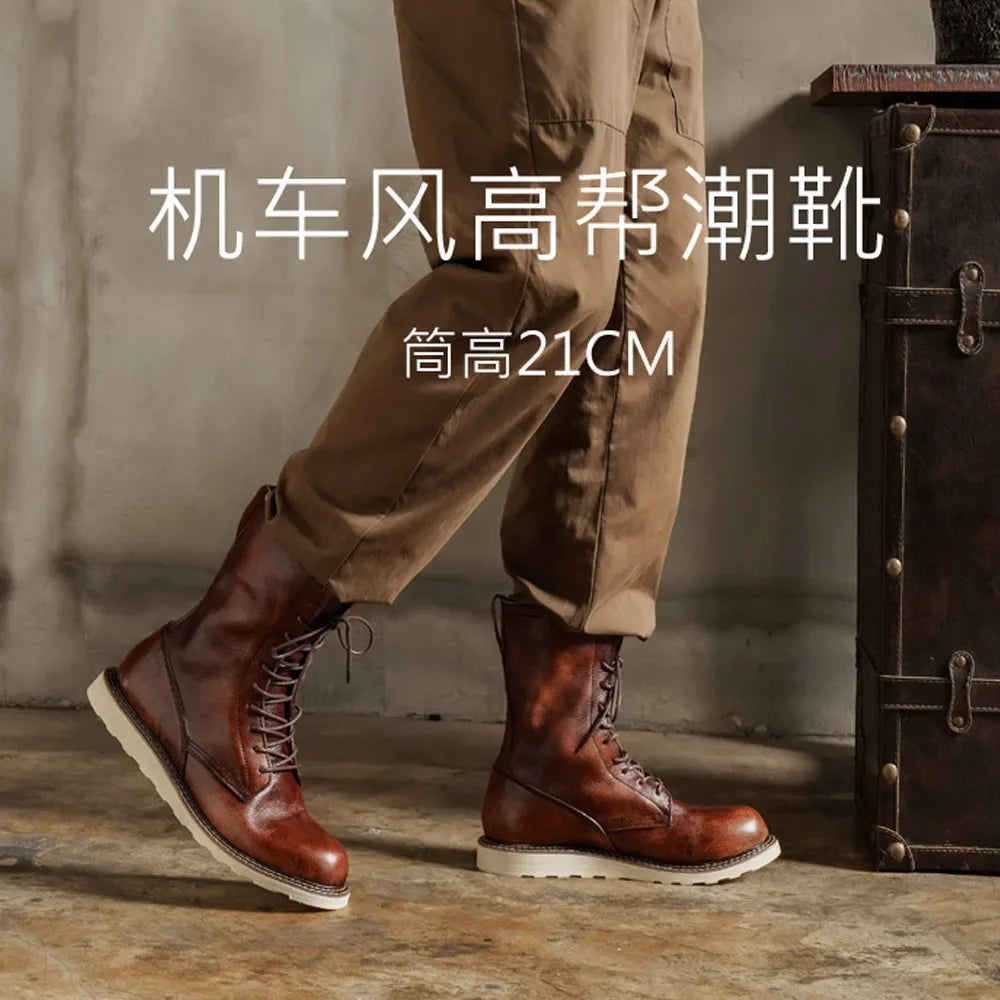 Fashion Men's Cow Genuine Leather Motorcycle Boots Brogue Shoes Retro High Round Toe Mid-calf Western Chelsea Riding Boots