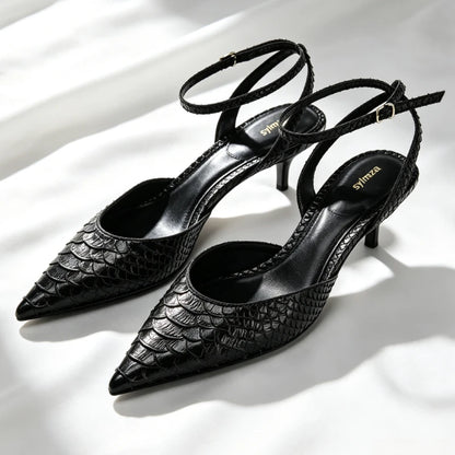 Black Embossed Upper Slingback Pumps Women Sexy Pointed-Toe Ankle-Strap Buckle Kitten-Heel Sandals Luxury Brand Designer Shoes