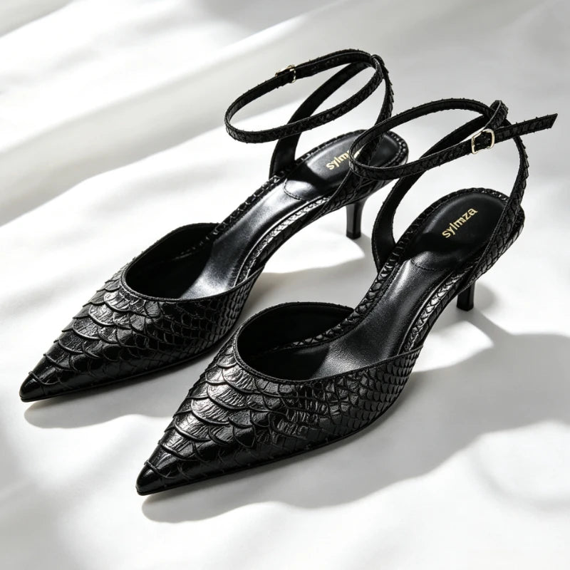 Black Embossed Upper Slingback Pumps Women Sexy Pointed-Toe Ankle-Strap Buckle Kitten-Heel Sandals Luxury Brand Designer Shoes