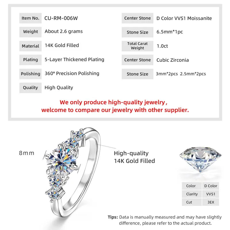 IOGOU 14K Gold Filled 1.0CT 6.5MM D Moissanite Diamond Rings Wedding Engagement Finger Band for Women Exquisite Promise Jewelry