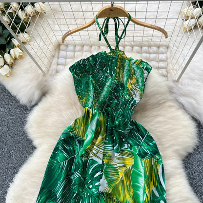 2024 New Summer Sexy Bohemian Leaf Print Jumpsuits Women Sleeveless Sexy Long Jumpsuit Mujer Casual Holiday Beach Rompers