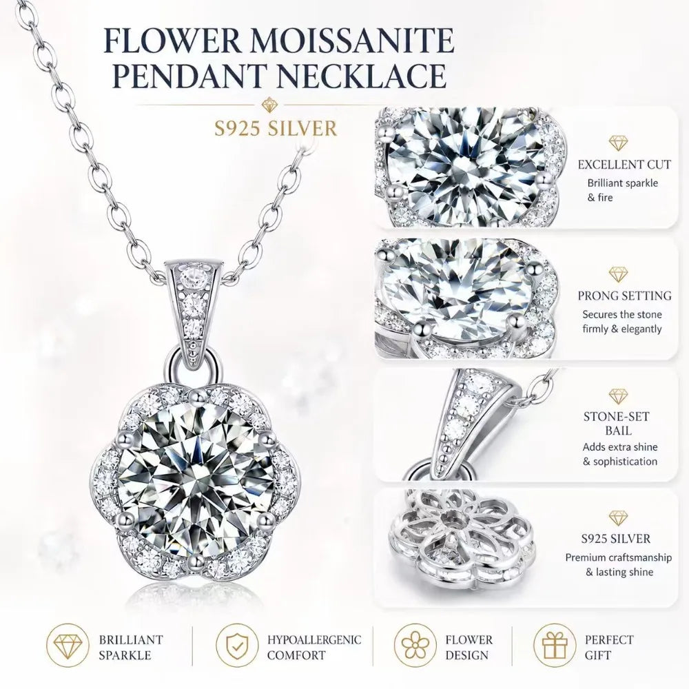 S925 Silver Moissanite Pendant Necklace 2CT Round Cut Flower Halo Design for Women Bridal Party Birthday Jewelry Gift
