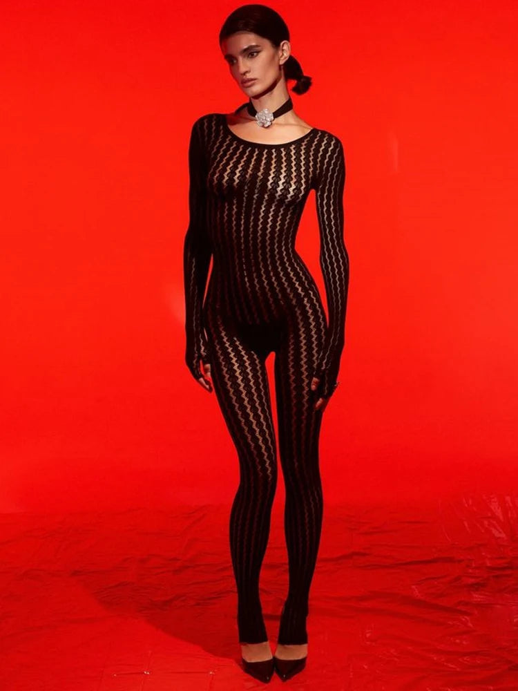 Sibybo Sheer Hollow Out Jumpsuits Women Summer Round Neck Long Sleeve High Stretch One Piece Jumpsuit Rompers Thin Sexy Overalls