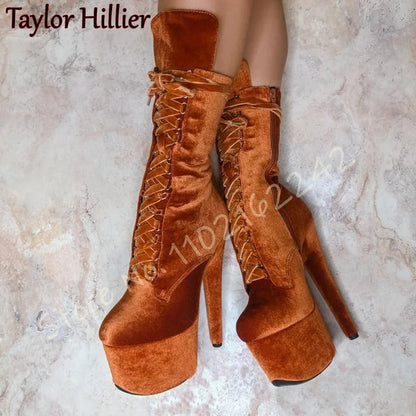 Velvet Super High Heel Ankle Boots Sexy Side Zipper Lace-Up Nightclub Thick-Soled Ankle Boots Elegant Catwalk Pole Dance Boots