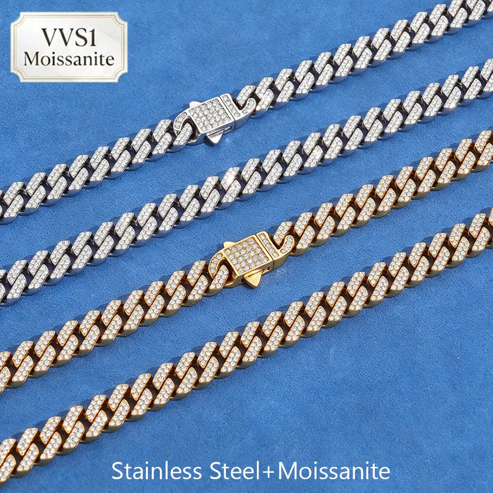Hip Hop Fine Jewelry 8mm Stainless Steel Cuban Chain Iced Out 2 Rows VVS1 Moissanite Necklace Bracelet Miami Fashion For Men