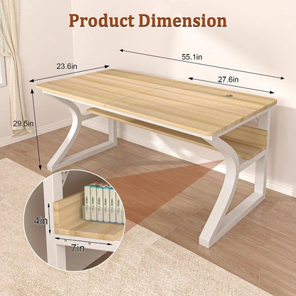 Computer Desk, 55x24 in Computer Desk, Office Desk w/Storage & U-Size Metal Frame for Home Office Bedroom Gaming, Office Desk w/Water-Resistant, Scratchproof Surface, Light Walnut