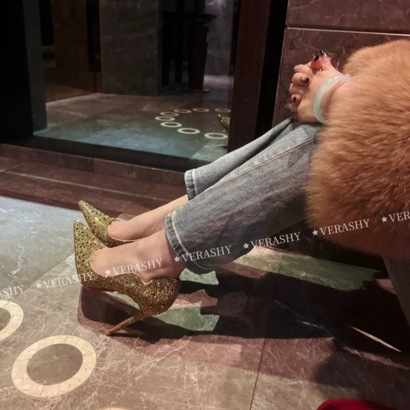 High Heels Women 2025 Spring New gold Sexy Pointy French Thin With Single Shoes Women Crystal Wedding Shoes Women Red Sole Shoe