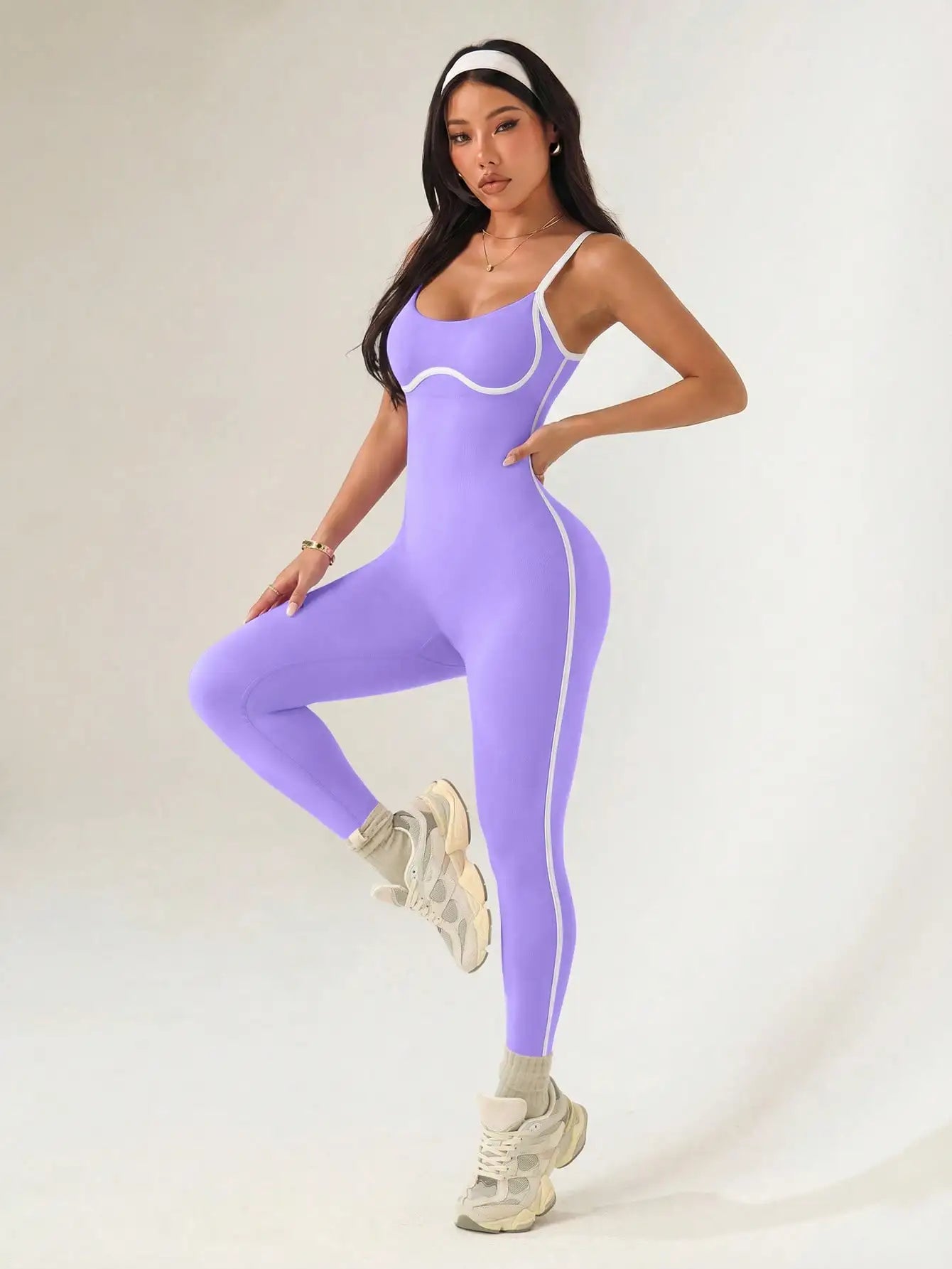 U-Back Contrast Trim Yoga Bodysuit Adjustable Thin Strap One Piece Workout Jumpsuit High Stretch Butt Lifting Gym Fitness Romper