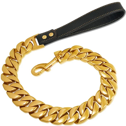 Traction Solid Super Strong Gold Collar Stainles Steel Dog Leash Pet Lead Chain 32mm 19mm Bulldog Pitbull Large Dog Collar Leash
