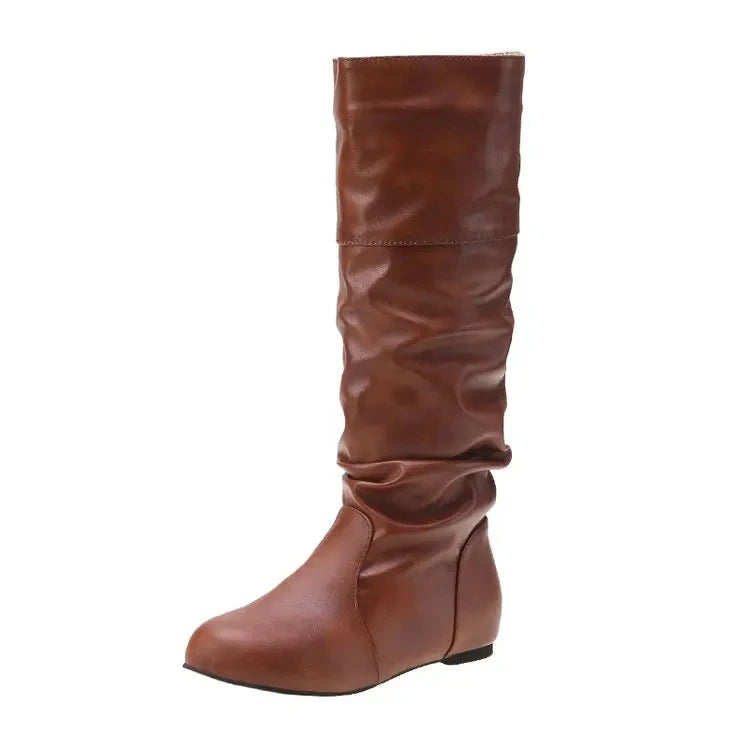 2025 New Women Flat Boots Fashion Pleated Leather Boots Autumn Winter Slip on Mid-Calf Shoes for Women Brand Designer High Boots