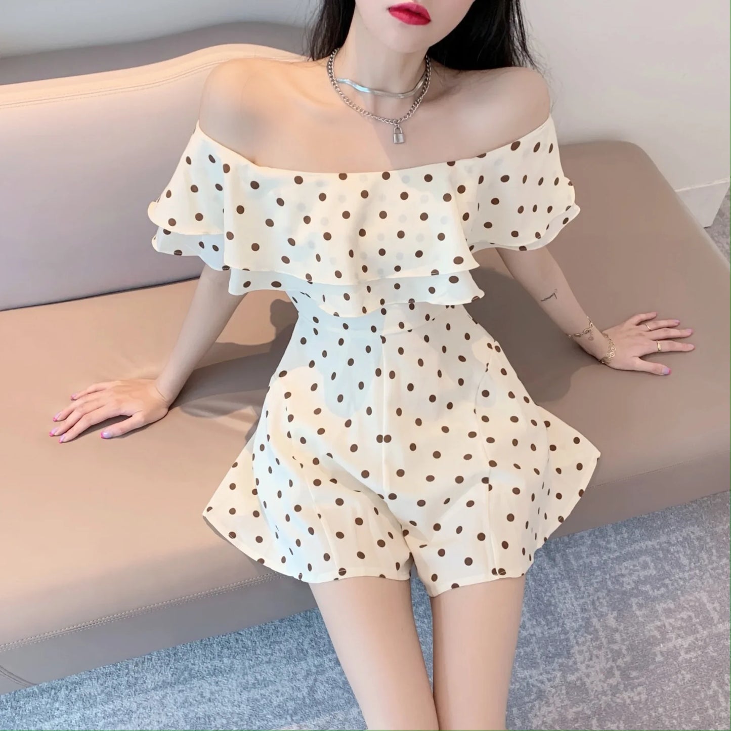 2025 Summer New Women Korean Off-shoulder Short Jumpsuit Female Chiffon Polka-dot Playsuits Ladies Short Sleeve Thin Rompers P73