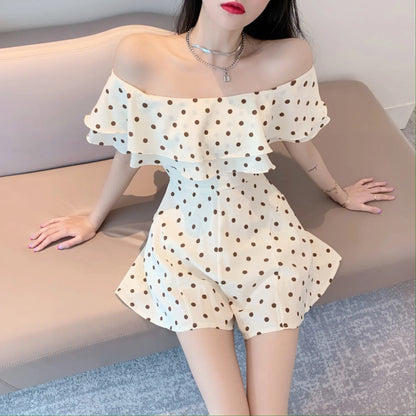 2025 Summer New Women Korean Off-shoulder Short Jumpsuit Female Chiffon Polka-dot Playsuits Ladies Short Sleeve Thin Rompers P73