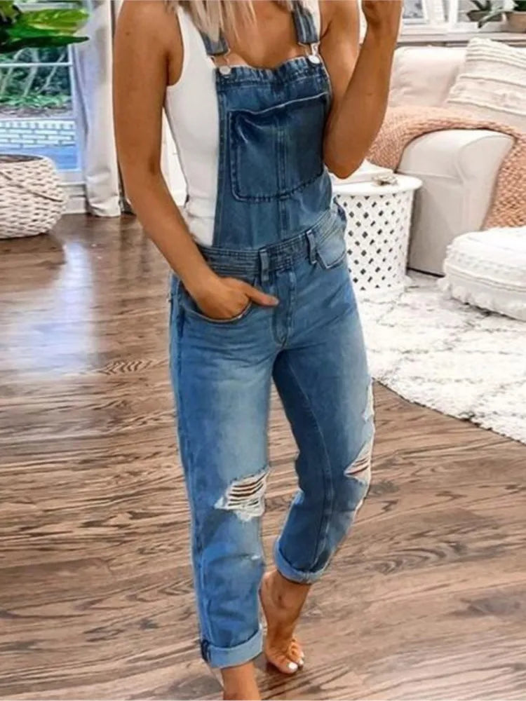 Women Sports Shoulder Straps Ripped Denim Rompers Spring Summer New Fashion Retro Slim Fit Female Versatile Casual Halter Jeans