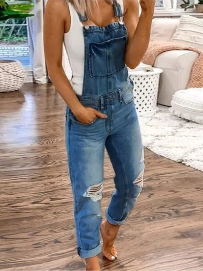 Women Sports Shoulder Straps Ripped Denim Rompers Spring Summer New Fashion Retro Slim Fit Female Versatile Casual Halter Jeans