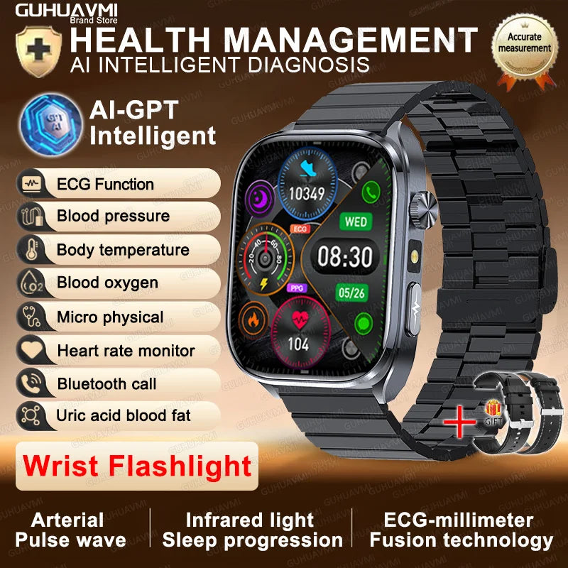 2026New ECG+PPG Clock Health Trackr 2.0 inch Uric Acid Blood lipids Pressure Smart Watch Body Analysis Voice call Smartwatch Men