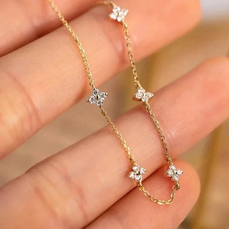 OXTAO Mini Four-Leaf Charm Necklace for Women 14K Gold Filled D VVS1 3mm Moissanite Flower Clover Necklace Luxury Jewelry Gift