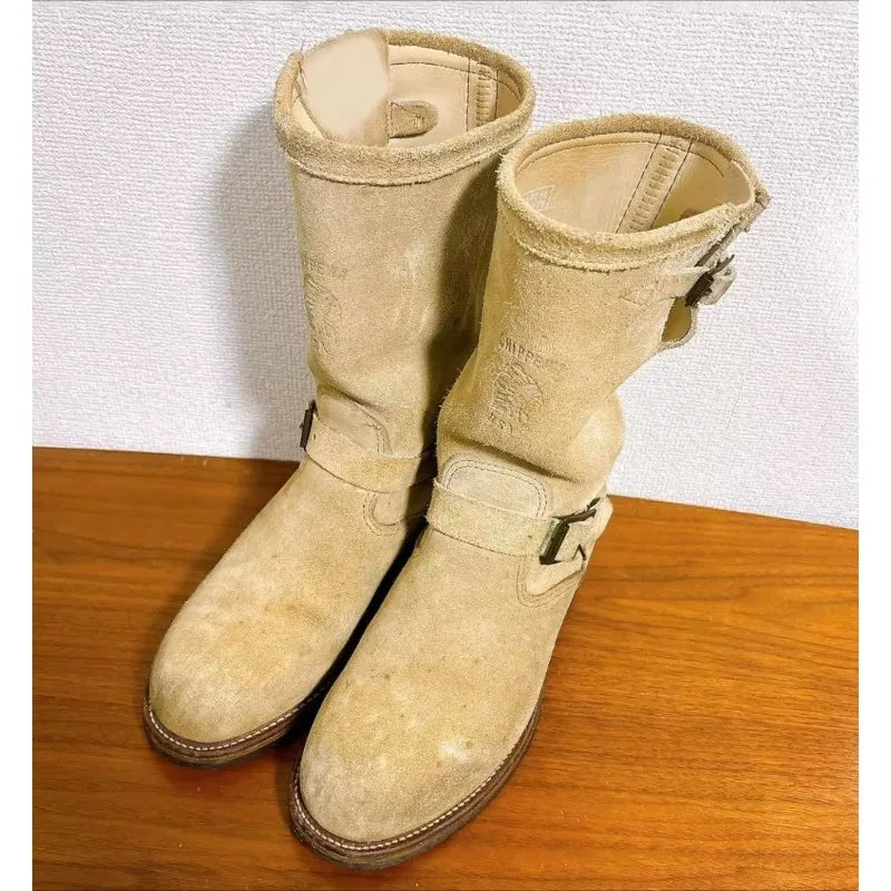 Handmade Vintage Velvet Khaki Work Boots Men's American Style Mid-Calf Retro Thick Bottom Belt Buckle Motor Vehicle Engineeri