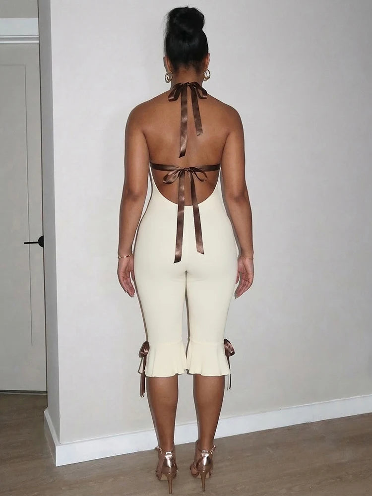 Kliou Sexy Backless Playsuits Woman Contrast Patchwork Bandage Halter Low-Neck Sleeveless Ruffles Street Fashion Skinny Rompers
