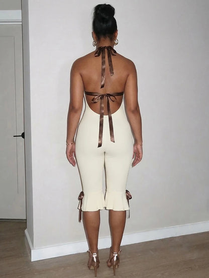 Kliou Sexy Backless Playsuits Woman Contrast Patchwork Bandage Halter Low-Neck Sleeveless Ruffles Street Fashion Skinny Rompers