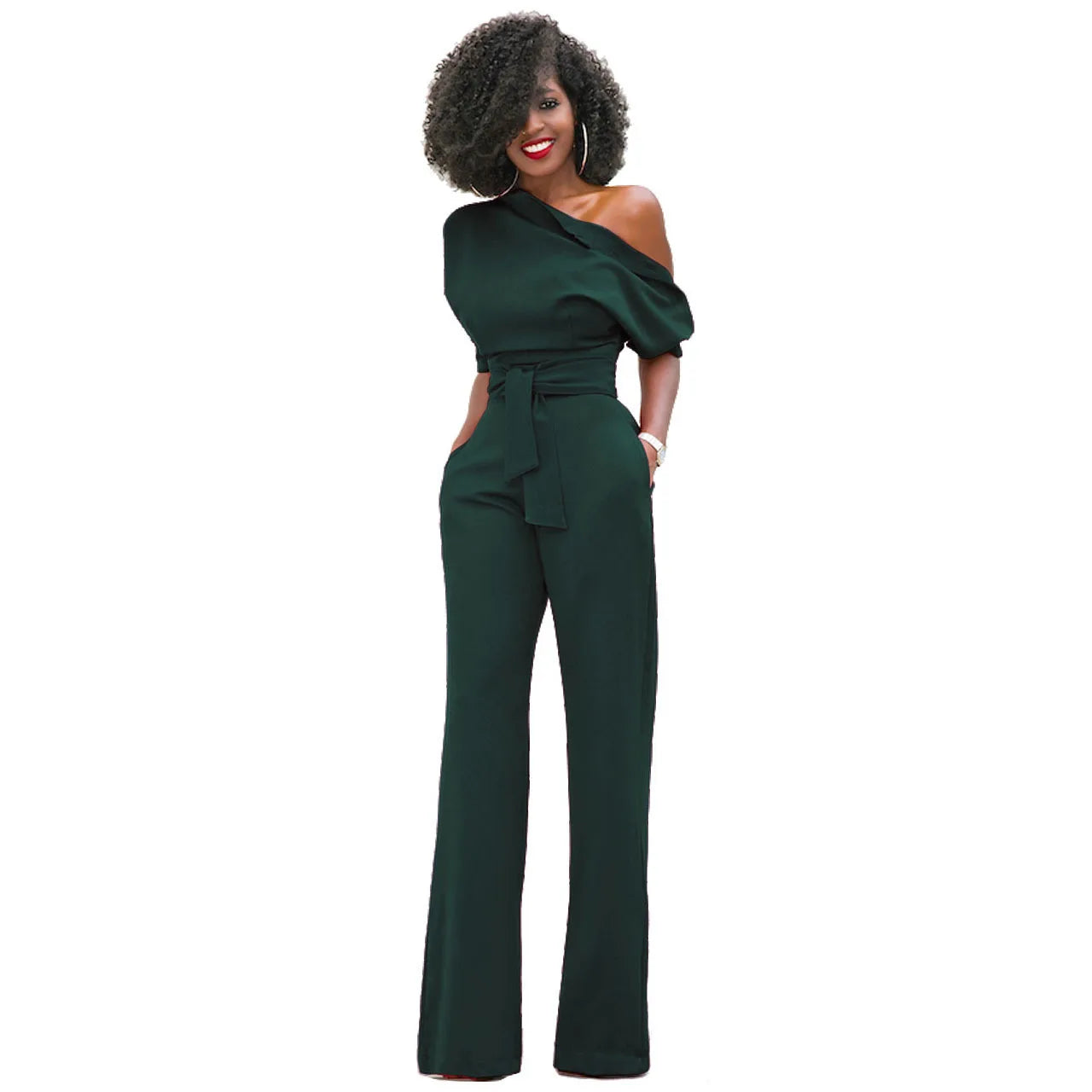 2024 Summer New Fashion Women's Jumpsuit Solid Color Slanted Shoulder Elegant Temperament Sleeveless Long Wide Leg Jumpsuit