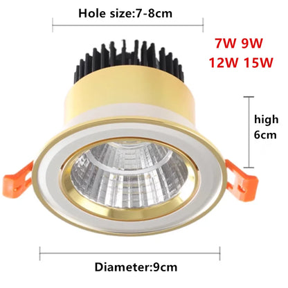 Gold Electroplating Ultra-High Quality Recessed LED Downlights Dimmable 7W9W12W15W COB Ceiling Spotlights AC90~260V For Home Use