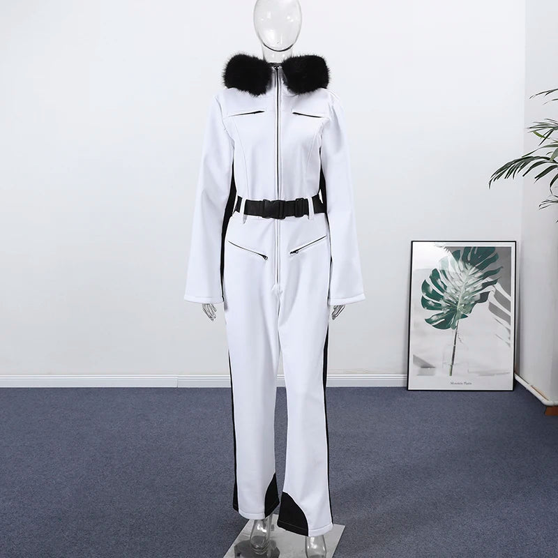 Fashion Hooded One-Piece Ski Jumpsuit Women Stand Collar Zipper High Waist Solid Windproof Outwear 2026 Winter Lady Skiwears New