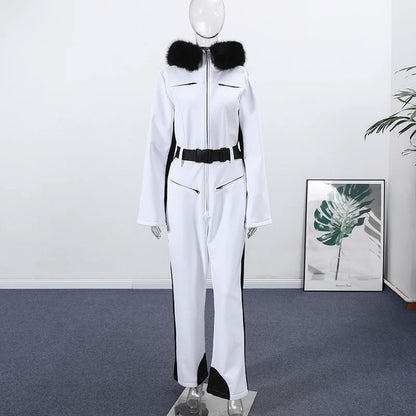 Fashion Hooded One-Piece Ski Jumpsuit Women Stand Collar Zipper High Waist Solid Windproof Outwear 2026 Winter Lady Skiwears New