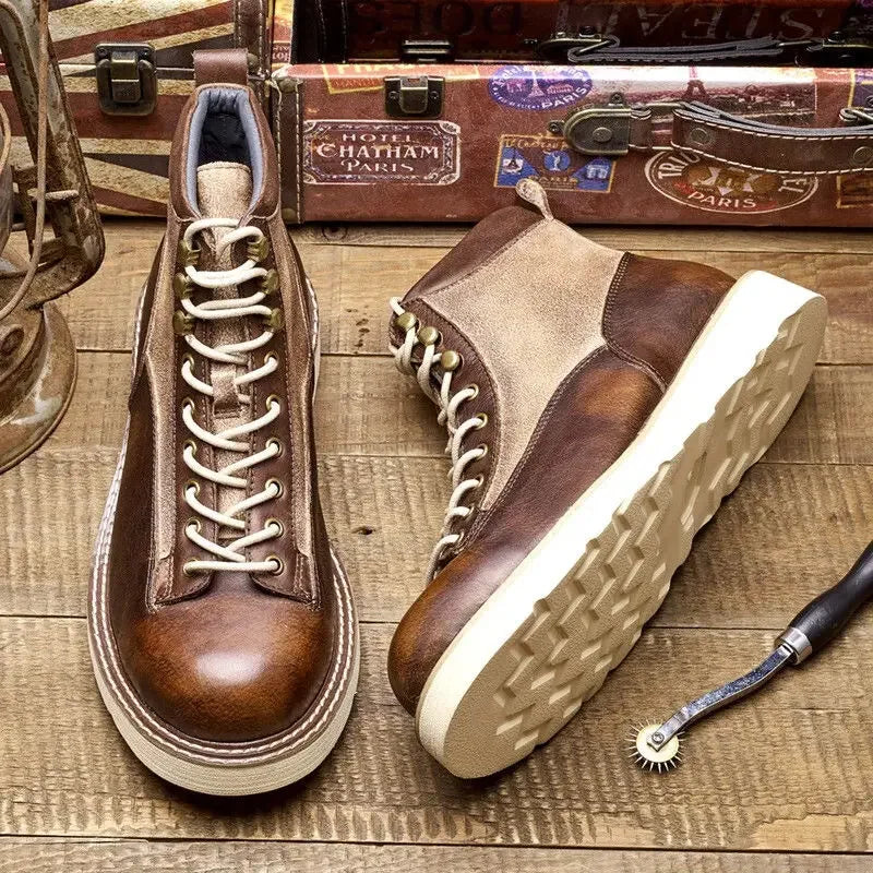 High Quality Handmade Autumn Winter Shoes Vintage Cow Leather Designer Lace-up Round Toe Mens Ankle Boots Desert Motorcycle Boot