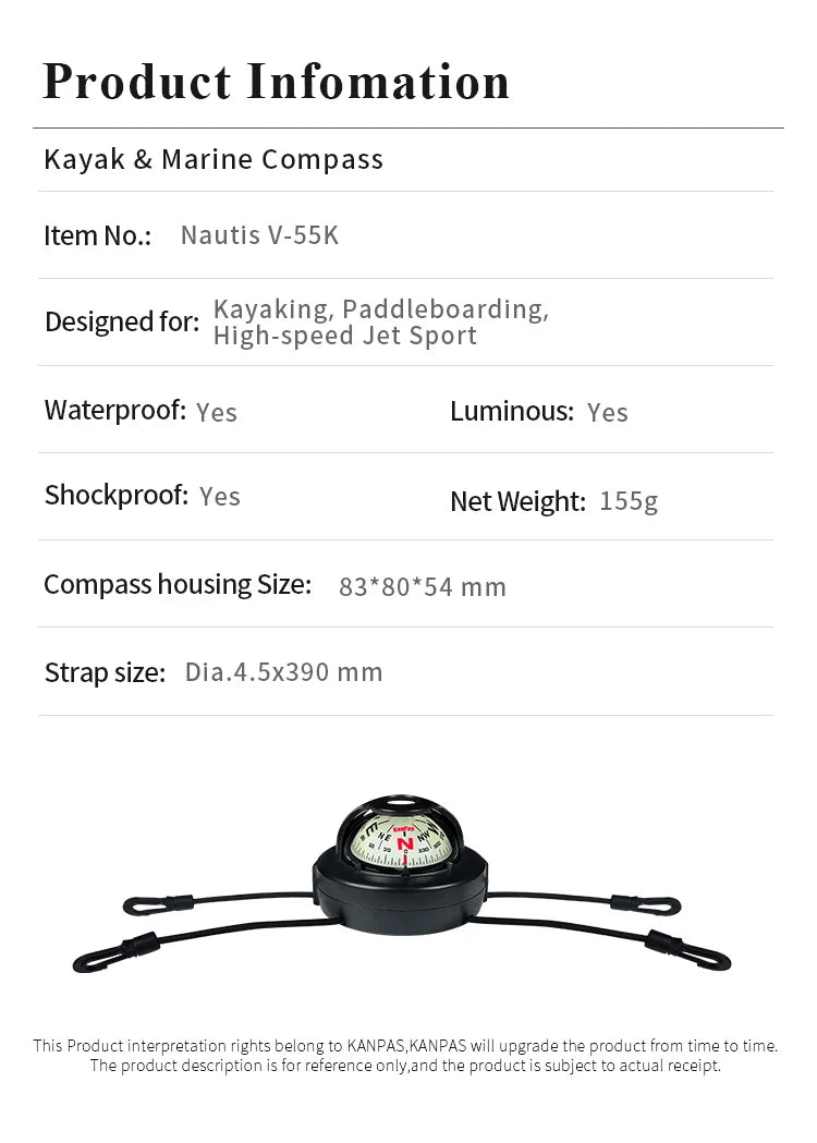 KANPAS Kayak Compass, Luminous Marine Compass for Boat Canoe SUP Jet Ski, Battery-Free Night Reading Navigation Compass V-55K