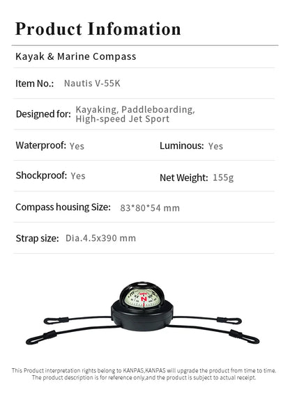 KANPAS Kayak Compass, Luminous Marine Compass for Boat Canoe SUP Jet Ski, Battery-Free Night Reading Navigation Compass V-55K