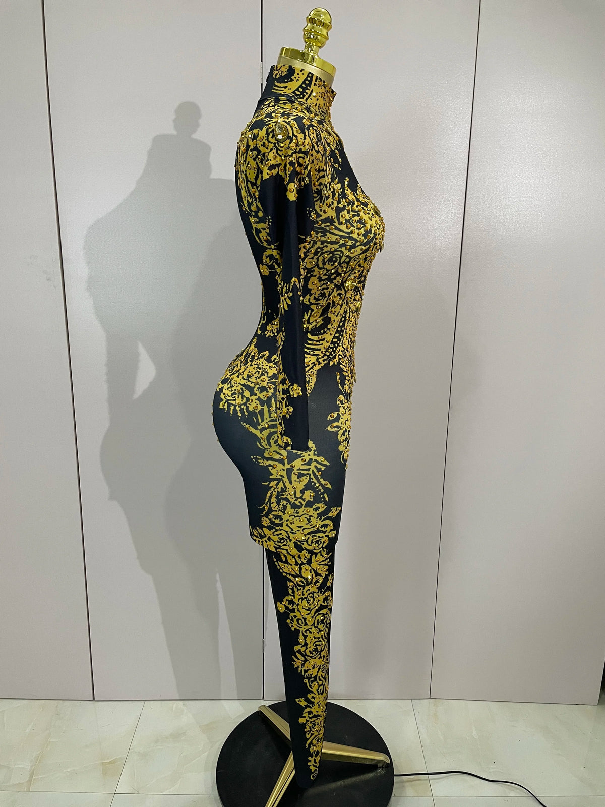 Luxury Sparkly Diamonds Print Long Sleeves Stretch Jumpsuit Evning Party Dancer Nightclub Bar DJ Sexy Stage Performance Costumes