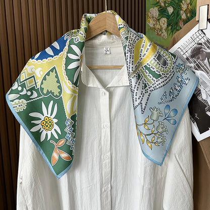 Green Boho Horse Square Scarf 70cm Ethnic Floral Satin Bandana Women Neck Handbag Wrap Elegant Silk Feel Daily Fashion Accessory
