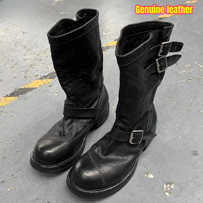 Retro Motorcycle Men's Boots Mid-Calf Knight American Engineer Boots Aged Large Head Boots Leather Splicing Botas Para Moto