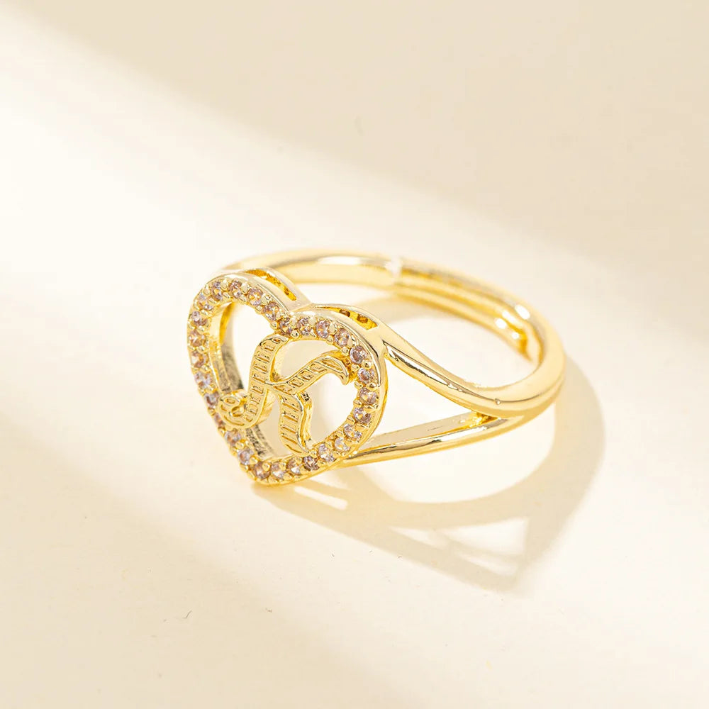 White Zircon 26 Letters A-Z Love Heart Open Adjustable Rings For Women Gold Silver Color Wedding Band Jewelry Mother's Day Gifts