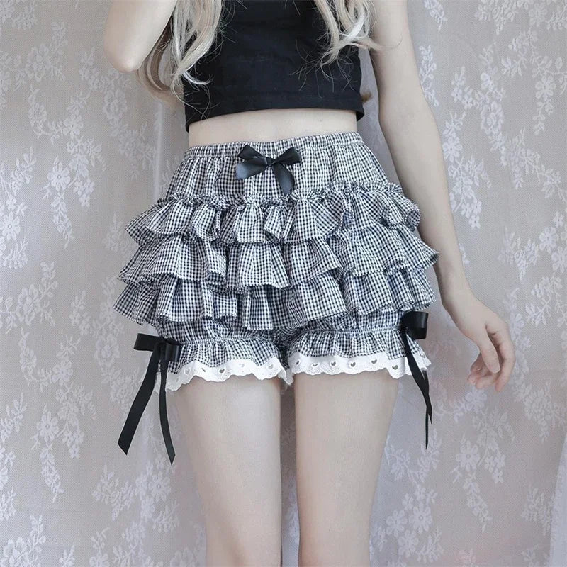 Pink Pleated panties woman pumpkin cute panties bow knot lolita safety shorts vintage pants victorian bloomers