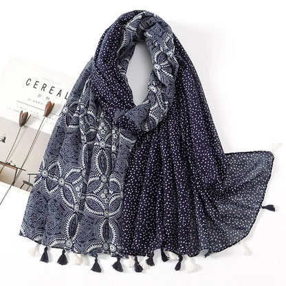 2025 Japanese Boho Linen Scarf: Vintage Floral Print Patchwork Shawl - Sun Protection Fringe Wrap Women