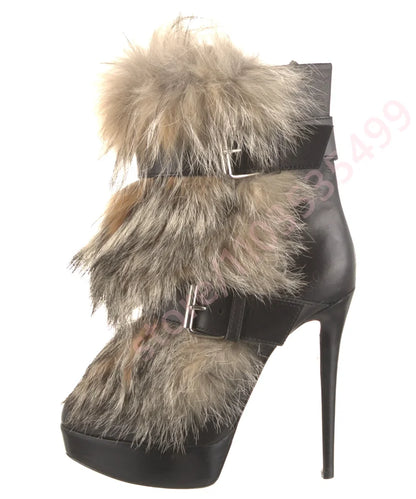 Winter Platform Belt Buckle Soft Fur Short Boots Fashion Show Party Casual Furry Boots New Sexy Women's Stiletto Warm Boots