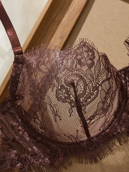 Ladies' Basic Style Thin Lace Bra And Panty Set Seamless Single Layer Eyelet Underwear Comfortable Intimate Apparel