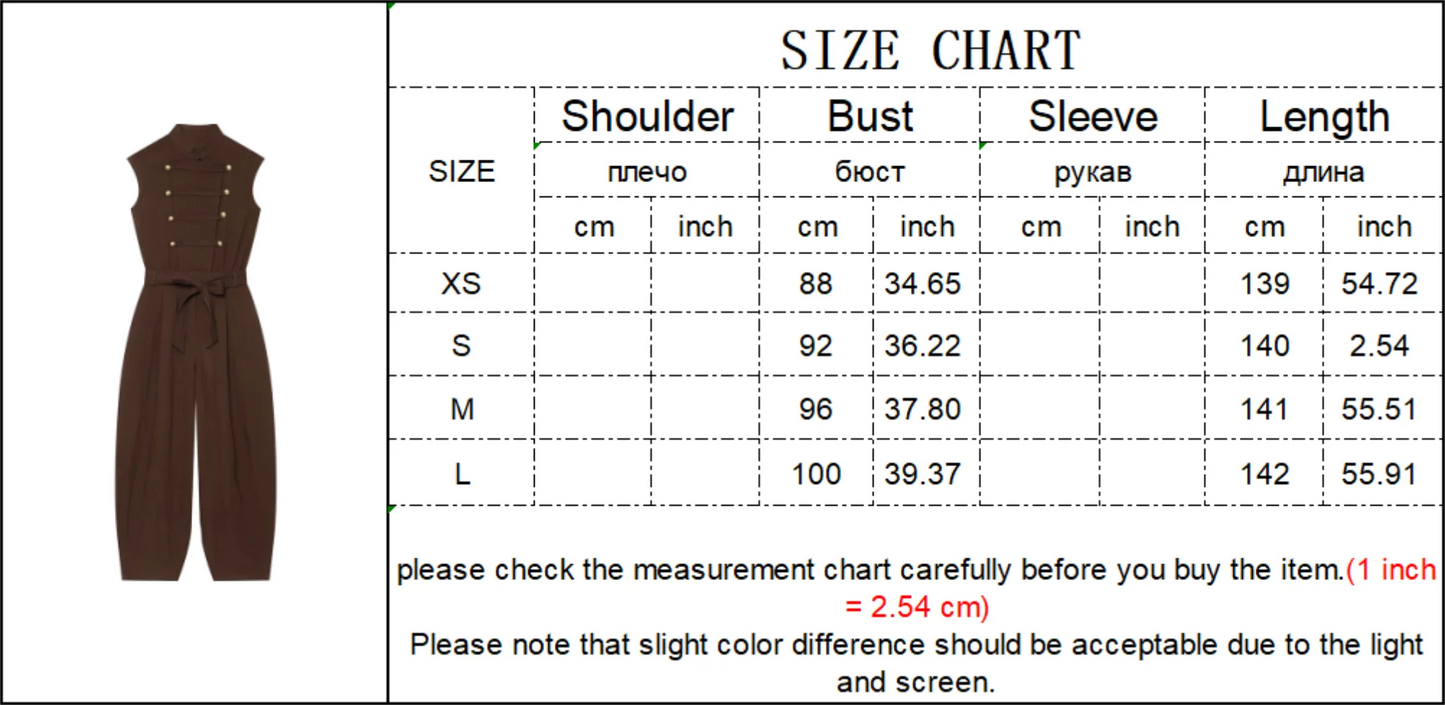 TFMLN Fashion Double Breasted Jumpsuits for Women Stand Collar Sleeveless High Waist Long Pants With Belt Elegant Rompers