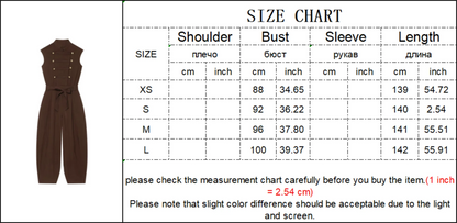 TFMLN Fashion Double Breasted Jumpsuits for Women Stand Collar Sleeveless High Waist Long Pants With Belt Elegant Rompers