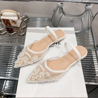 Pearl Bead Embroidery Lace Slingback Shoes Woman Luxury Floral Silk Gauze Low Heel Mules Ladies Elegant Evening Party Dress Shoe