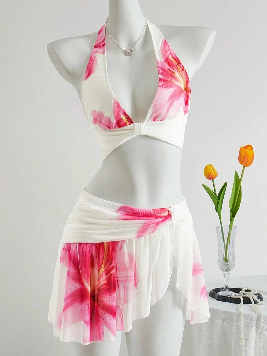 2026 Printed Floral Swimsuit Women Two Pieces Beach Skirt Halter Swimwear Female Bathers Bathing Swimming Swim Suit Beachwear XL