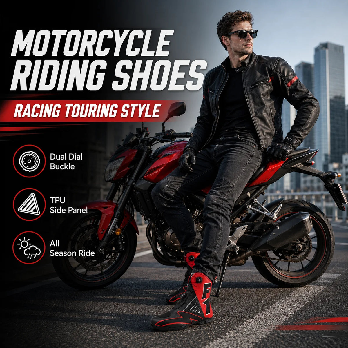 Motorcycle Riding Shoes Moto Boots Men Women High Top Dual Dial Buckle TPU Side Panel Anti Slip Rubber Sole Racing Touring 37-47