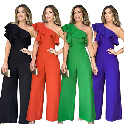 Casual Women's Solid Color Jumpsuits Summer Oblique Collar Black Ears High Waist Wide-leg Pants Fashionable Summer Jumpsuits