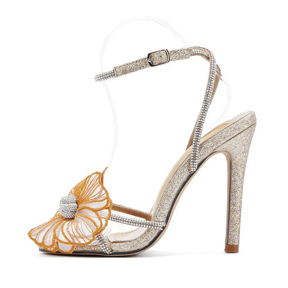 2025 Summer New brand Luxury Rhinestones Flowers Women Sandals Fashion Sequined Ankle Strap Stiletto High heels Female Shoes